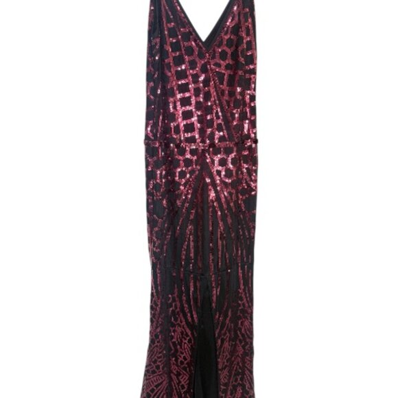 VIJIV 1920s Art Deco Sequin Mermaid Gown XL Crimson Red V-Neck Slit - Picture 4 of 5